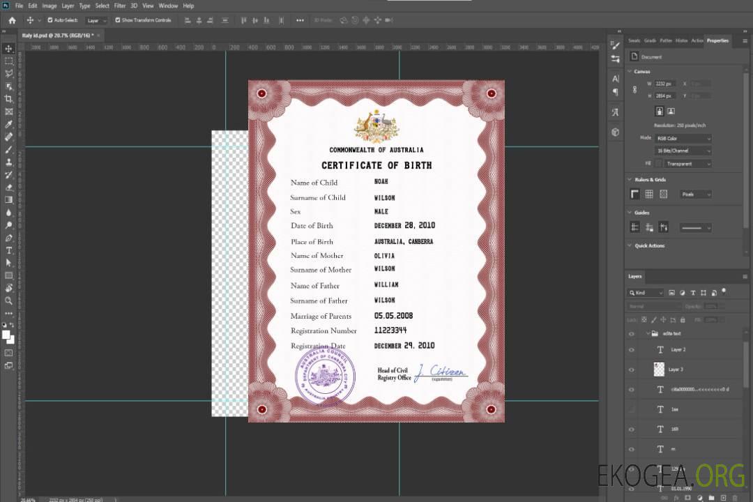 Modèle PSD de certificat de naissance d'état civil australien template